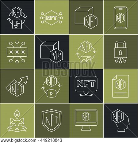 Set Line Nft Digital Crypto Art, Contract, Cyber Security, And Icon. Vector
