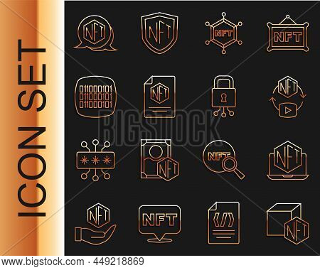 Set Line Nft Digital Crypto Art, Laptop With Store App, Blockchain Technology, Contract, Binary Code