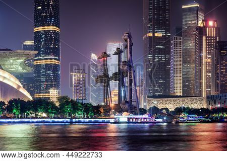 Wonderful Night View Of Skyscrapers And Other Modern Buildings At The Tianhe District Of The Zhujian