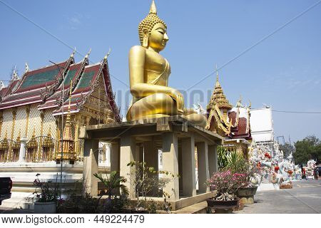 Buddha Statue And Monk Monument Of Wat Pracha Rat Bamrung Or Rang Man Temple For Thai People And For
