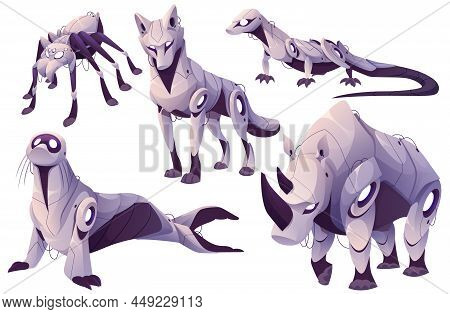 Robots Animals, Cyborgs Spider, Wolf, Lizard, Seal And Rhino Cartoon Characters. Futuristic Technolo