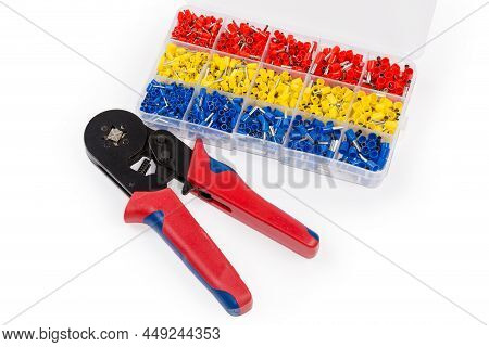 Hand Crimp Tool For Crimping Of The Round Electric Wire End Terminals On A Background Of The Appropr