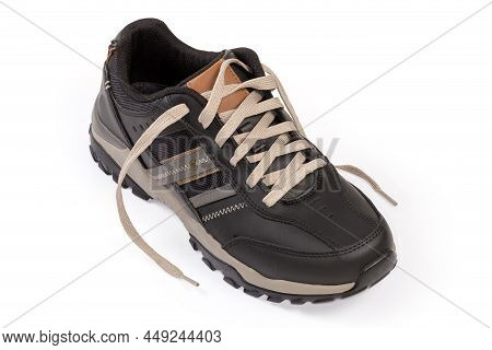 One New Lace-up Leather Black Men's Boot In Sports Style On A White Background