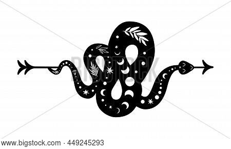 Celestial Serpent Arrow Symbol. Black Snake Shape On The Arrow. Love Symbol. Decorative Romantic Ser