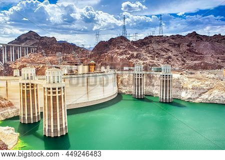 Hoover Dam And Penstock Towers In Lake Mead Of The Colorado River On Border Of Arizona And Nevada St