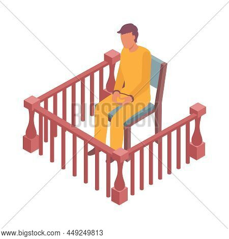 Court Isometric Icon With Handcuffed Accused Man On Defendants Bench 3d Vector Illustration