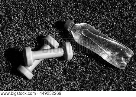 Healthy Balanced Lifestyle. Maintain Water Balance In Body While Training. Barbells And Bottle On Gr