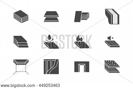 Drywall Flat Icons. Vector Illustration Include Icon - Plasterboard, Soundproof, Acoustic Protection