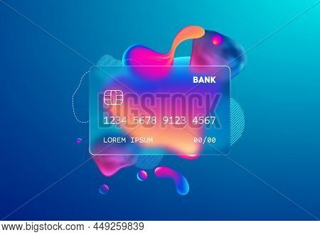 Glass Morphism Credit Card Template. Plastic Rectangle Of Transparent Plastic With Blur Effect. Liqu