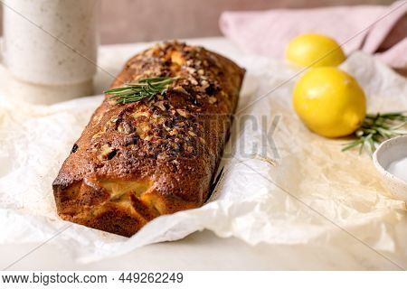 Homemade Lemon Cake With Nuts And Rosemary
