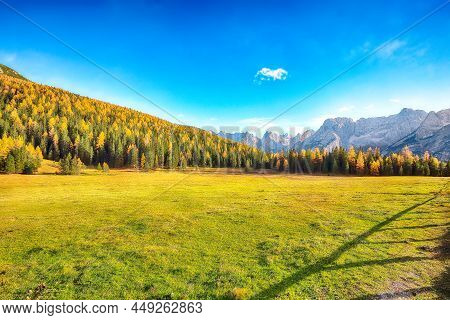 Scenic Image Of Meadow In National Park Tre Cime Di Lavaredo. Location: National Park Tre Cime Di La
