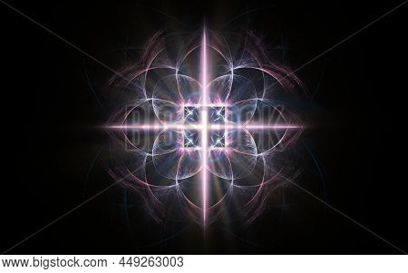 Abstract Illustration Of A Computer Generated Fantastic Flower Of Various Shapes And Shades On A Bla