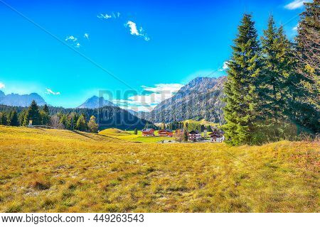Scenic Image Of Meadow In National Park Tre Cime Di Lavaredo. Location: National Park Tre Cime Di La