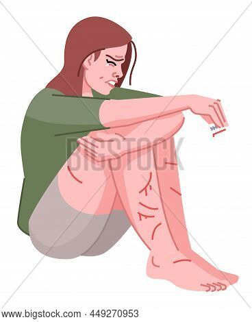 Crying Girl Hurting Herself Semi Flat Rgb Color Vector Illustration. Self-injury. Causing Pain, Dama