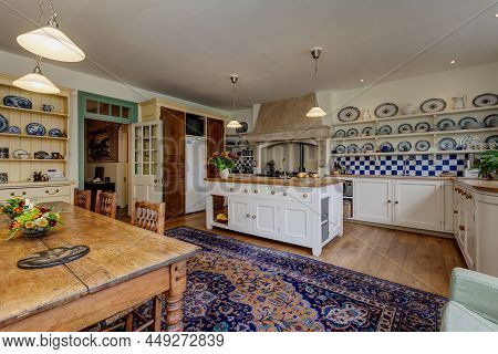 Newmarket, Suffolk - October 23 2014: Traditional Styled Kitchen Within Grand British Home Retaining