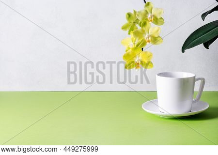 White Coffee Or Tea Cup With Saucer Near Delicate Yellow Phalaenopsis Orchid. Mokup, Place For Text.