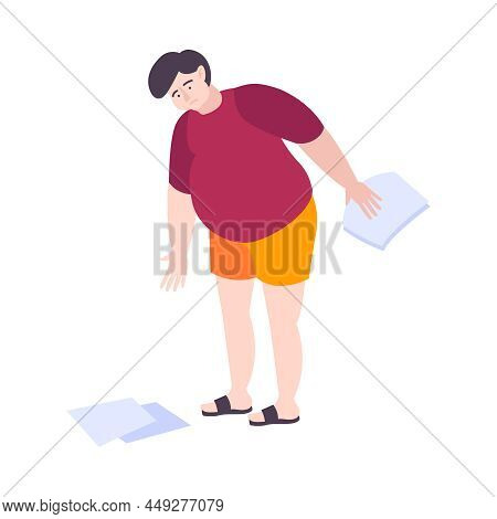 Fat People Obesity Composition With Isolated Doodle Man Unable To Stoop To Pick Up Paper Sheet Vecto