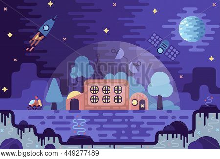 Colonization Of Planet, Space Station Under A Dome With Trees And Inside. Biological Terraforming