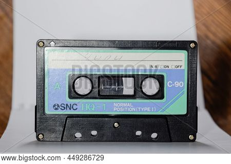 Audio Cassette. Retro Music Medium, Compact Cassette Tape Recorder.