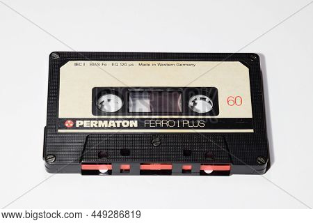 Audio Cassette. Retro Music Medium, Compact Cassette Tape Recorder.