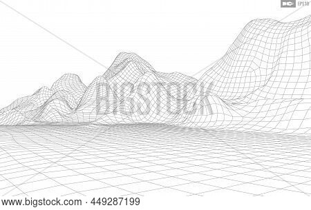 Wireframe Landscape On White Background. Abstract Geometric Vector Technology Background. 3d Vector 
