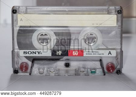 Krasnodar, Russia - February 07, 2022: Audio Cassette. Retro Music Medium, Compact Cassette For Tape