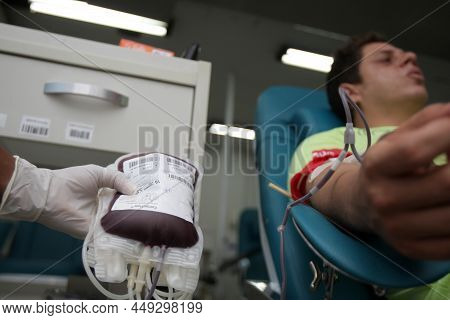 Salvador, Bahia, Brazil - May 81, 2018: Human Blood Donation Room At The Emoba Blood Center In The C