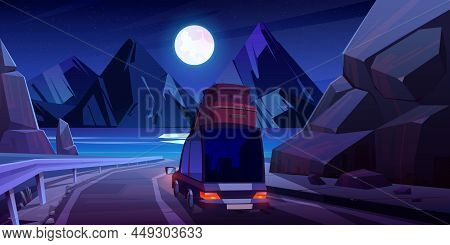 Night Road Trip By Car, Family Travel On Auto With Bags On Roof Driving At Mountains Highway With Be