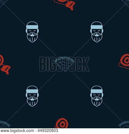 Set Hand Saw And Log, Wooden Beam And Lumberjack On Seamless Pattern. Vector