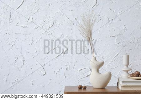 Creative Minimalistic Composition Of Home Interior With Handmade Clay Vase, Sidetable And Elegant Pe