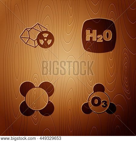 Set Ozone, Radioactive, Molecule And Chemical Formula H2o On Wooden Background. Vector