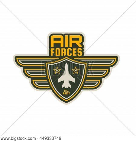 Air Forces Patch Vector Icon With Wings Of Military Aircraft, Plane And Stars On Shield. Army Or Nav