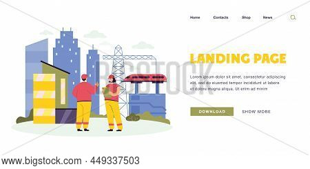 Cartoon Engineers Working On Railway Construction. Building Railroad, Industrial Management Flat Vec