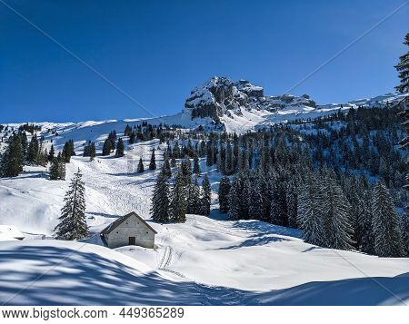 Skitour On The Mountain Mutteristock, Innerthal. Ski Mountaineering In Switzerland.winter Landscape 