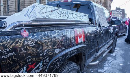 Freedom Convoy 2022 In Downtown Ottawa, Convoy Of Freedom. Canadian Convoy Protest Against Covid-19 
