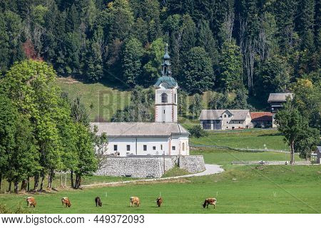 Typical Alpine Catholic Church In Zgornje Jezersko, In Slovenia, At The Border With Austria, In The 