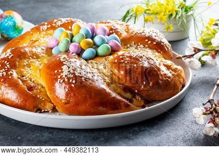 Tasty Easter Bread. Easter Bread And Decorative Eggs. Italian Easter Bread