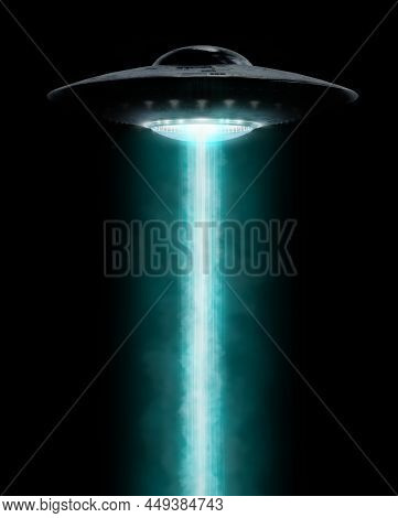 Ufo Hovering With A Light Beam Coming Down, Isolated On Black