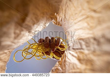 A Hand Holds A Yellow Thread Over An Open Paper Bag. A Mature Man's Hand Holds A Synthetic Tangled R