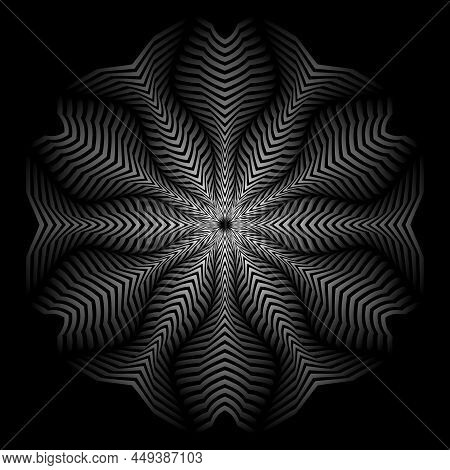 Optical Art Patterned Abstract Tribal Symbol. Round Pattern Of Monochrome Stripes. Hypothetical Sacr
