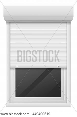 Window Frame With Half Open Blinds. Rolling Shutter Template