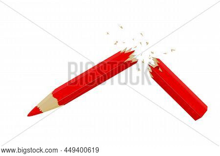 Broken Pencil Isolated On White Background. Break Wood Pen. Snapped Red Pencil With Scattered Fragme