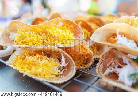 Traditional Thai Dessert, Thai Crispy Pancake Or Khanom Buang With Egg Threads, Shrimp, Sesame And C