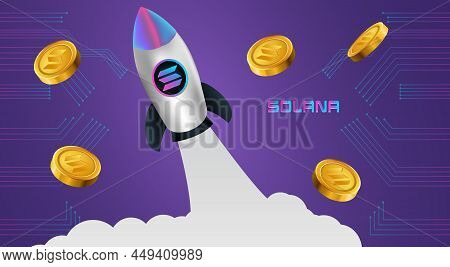 Solana Sol Cryptocurrency Coins Floating With Spaceship Concept Vector Illustration Banner