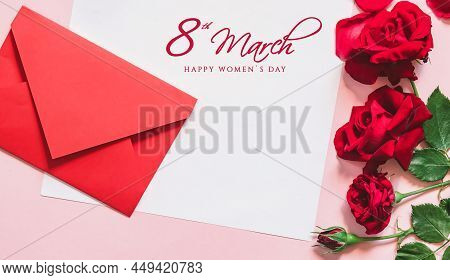 Text 8 March. Happy Woman Day. Card Mockup With Flower On White Background. Love Letter. Note Paper
