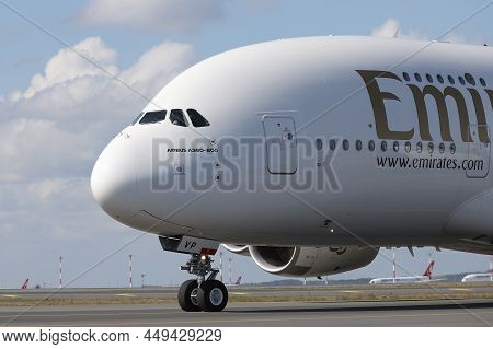 Istanbul, Turkey - October 05, 2021: Emirates Airbus A380-842 (cn 269) Landing To Istanbul Internati