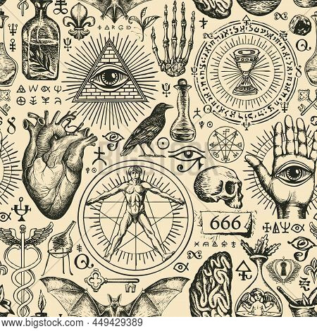Abstract Hand-drawn Seamless Pattern On The Theme Of Occultism, Satanism And Witchcraft In Vintage S