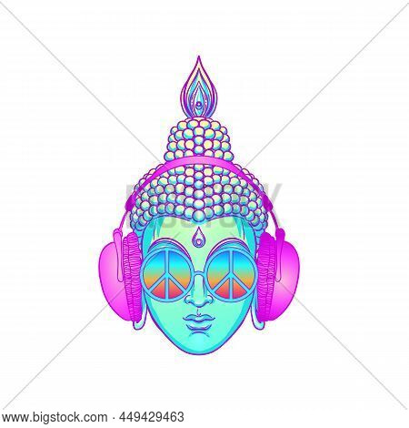 Groove. Modern Buddha Listening To The Music In Headphones Isolated On White. Vector Illustration. V