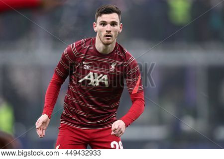 Milano, Italy. 16 February 2022 - Andrew Robertson Of Liverpool Fc  During The  Uefa Champions Leagu