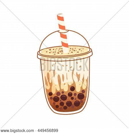 Bubble Milk Tea With Coffee Flavor And Boba Pearls In Takeaway Cup. Asian Cold Drink, Bubbletea With